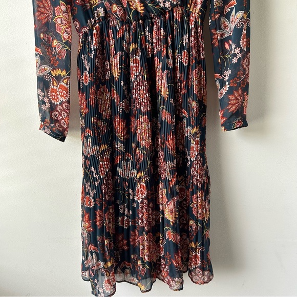 Maeve Anthropologie Apulia Pleated Midi Knee Length Dress Long Sleeve Floral XS - Picture 9 of 15
